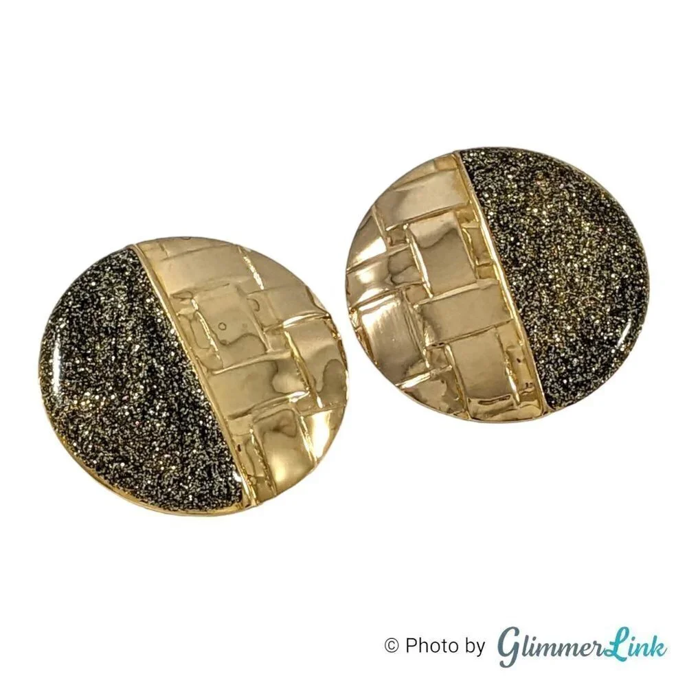 Vintage 1980s Large Circle Weave Glitter Enamel Gold Tone Pierced Earrings